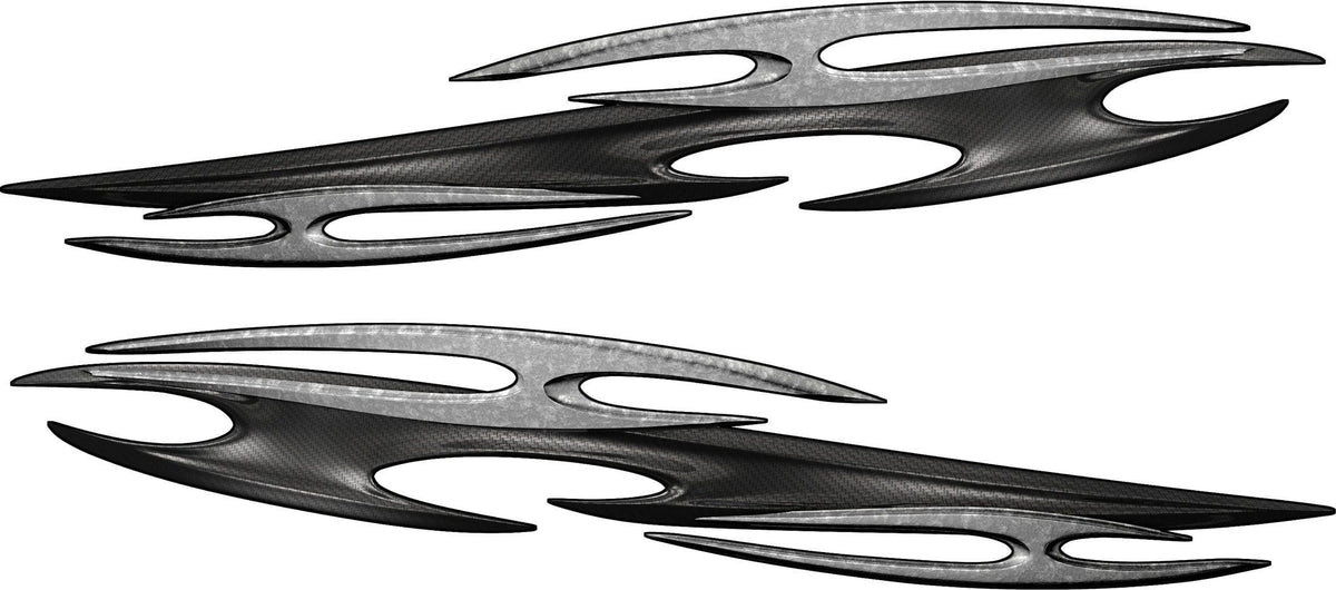 Two Tribal carbon fiber decals, driver side and passenger side on white background.