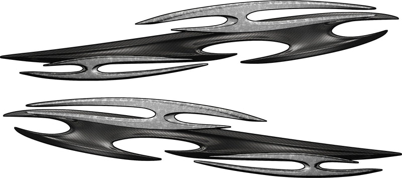 Two Tribal carbon fiber decals, driver side and passenger side on white background.
