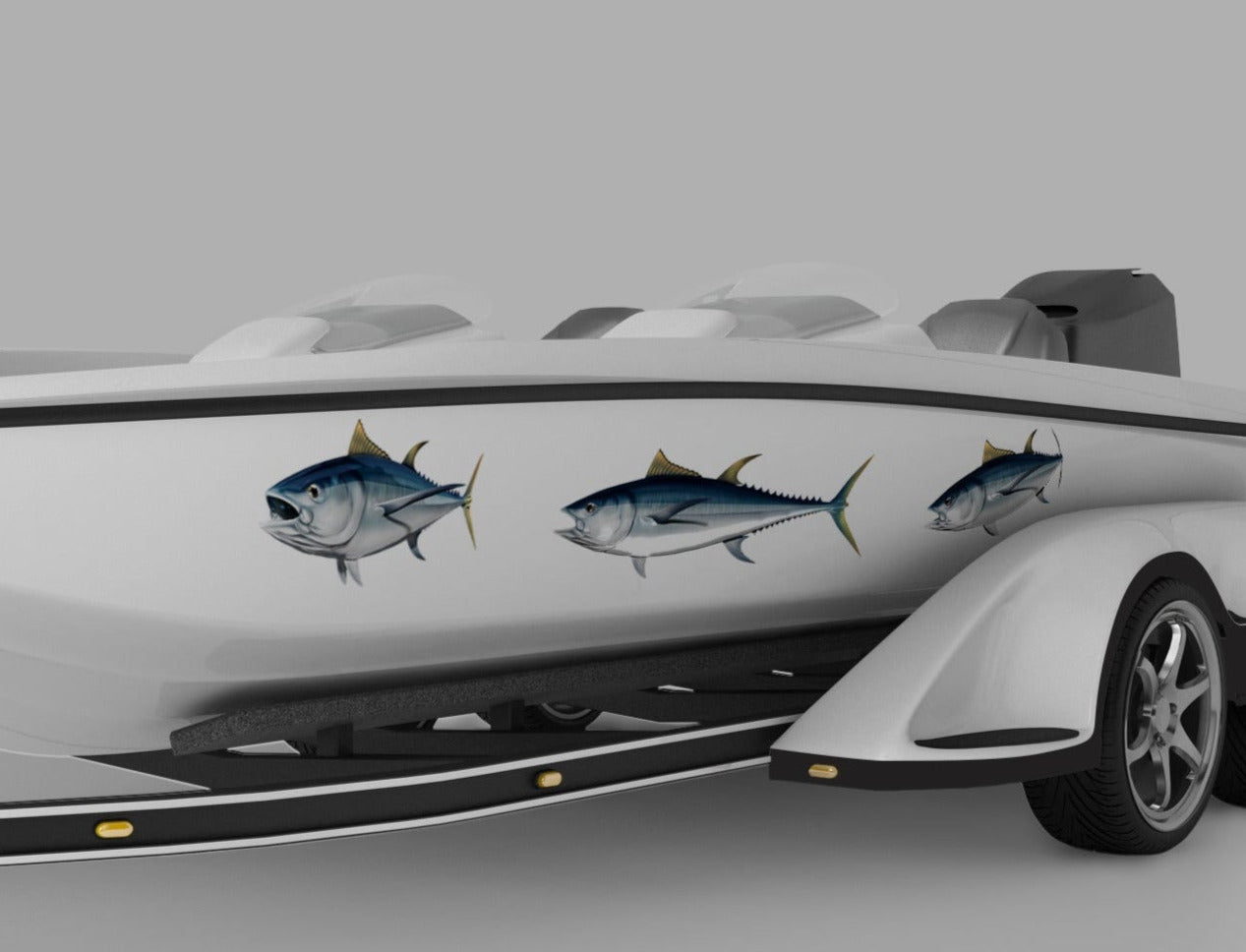  Albacore tuna fish decals on the side of a white  boat