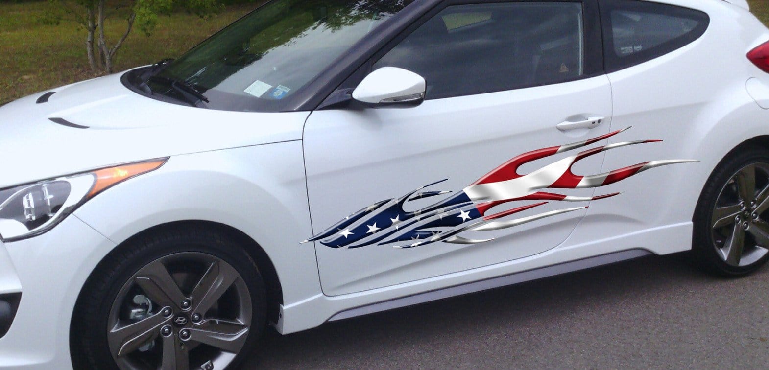 american flag flames vinyl graphics on the side of white truck
