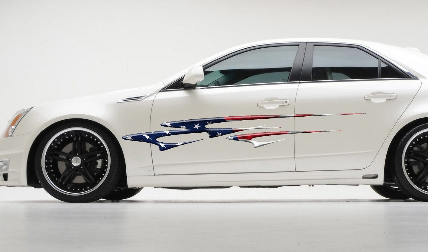 american flag vinyl graphic stripe on the side of mini cooper car