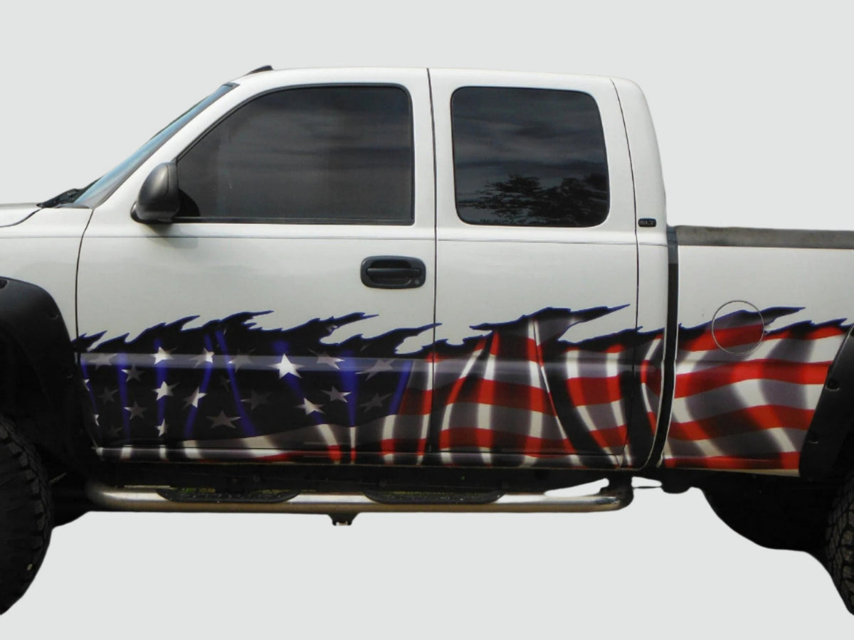 american flag graphic wrap on white truck
