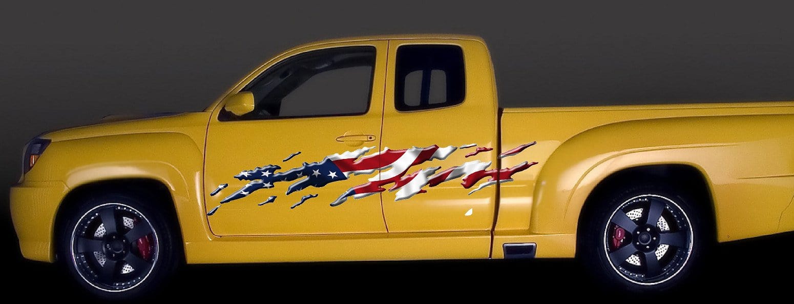 usa flag decals on red pickup