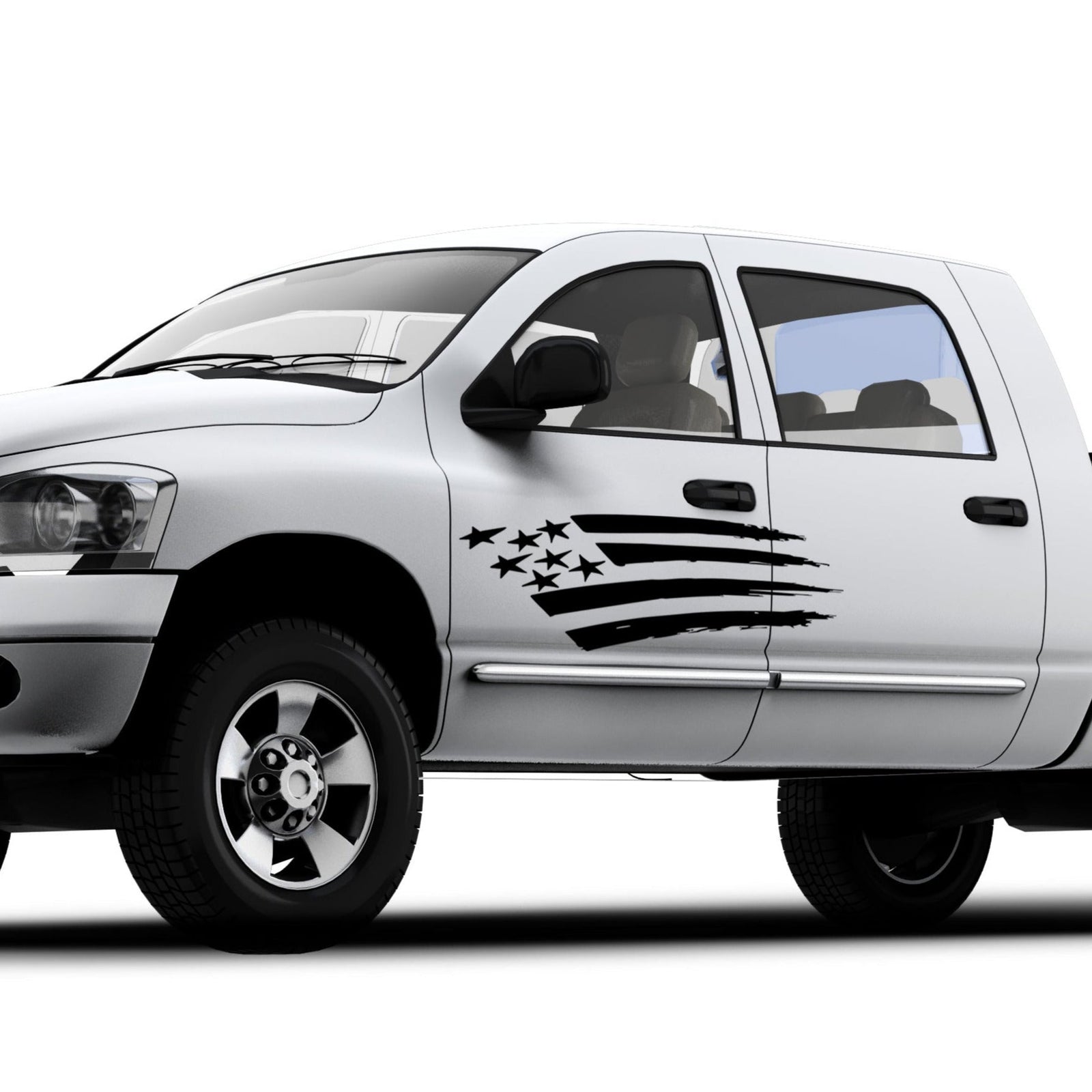 A white truck with a distressed American flag decal applied to its side.