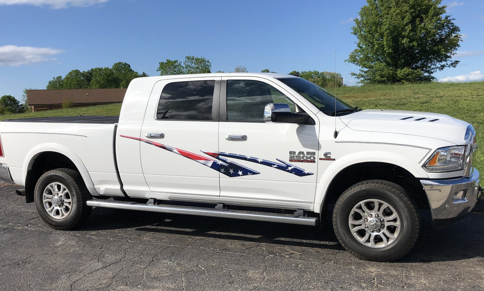 american flag stripe decal on white dodge ram pickup