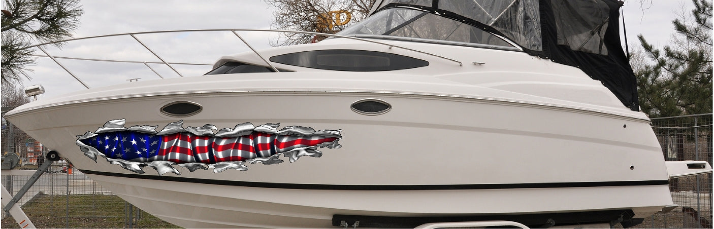 american flag tear vinyl graphics on side of boat