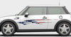 american flag vinyl graphic stripe on the side of mini cooper car