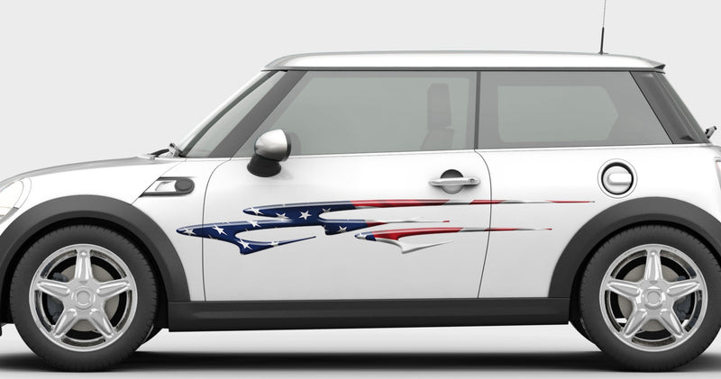 american flag vinyl graphic stripe on the side of mini cooper car