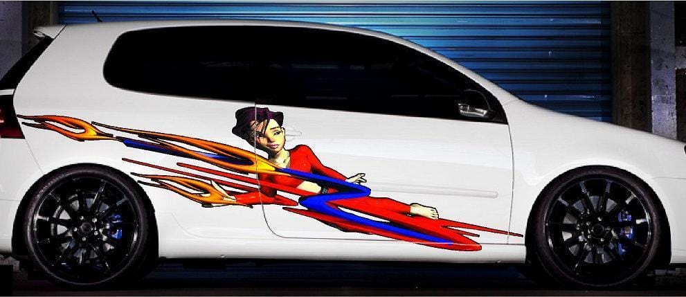 Anime girl vinyl graphics on the side of white truck
