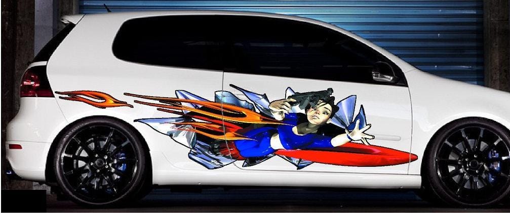 Anime battling girl graphics on the side of white truck