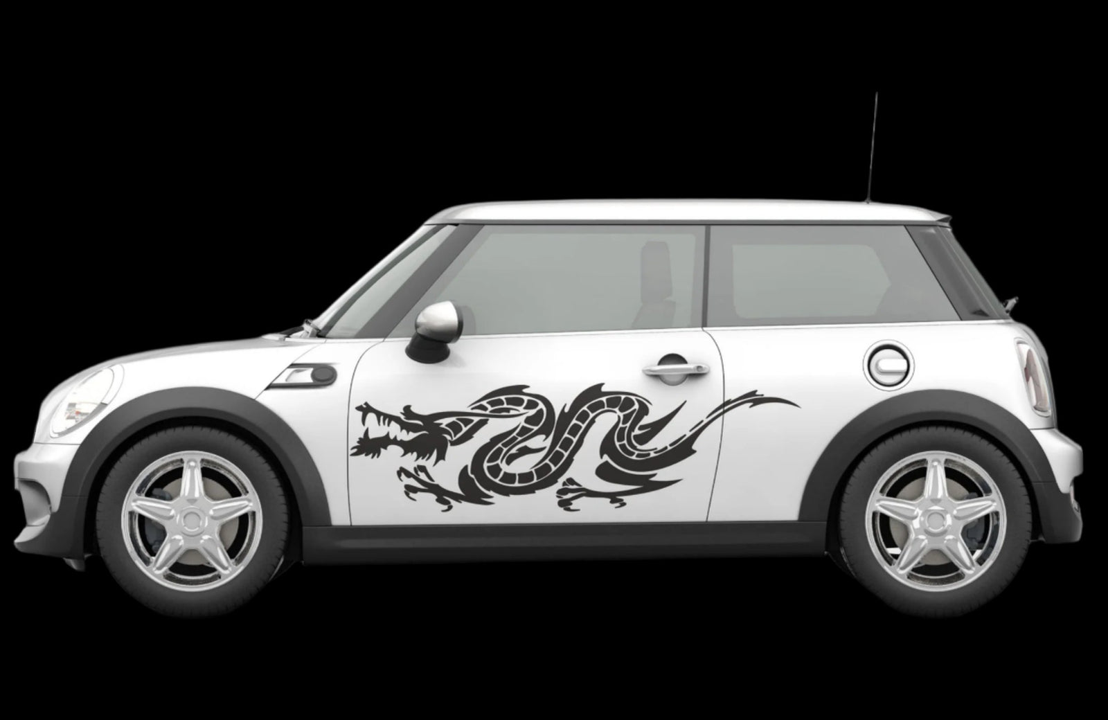 Asian Dragon vinyl decal on white mini cooper