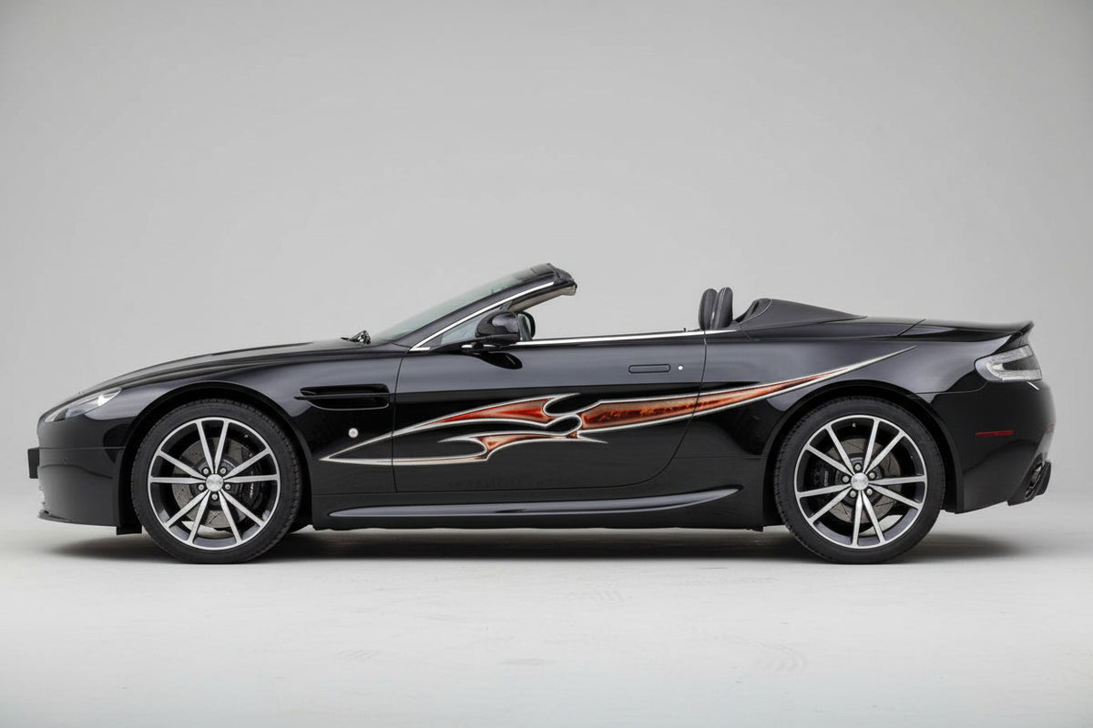 black convertible sports car with neon blade stripe decal on driver side