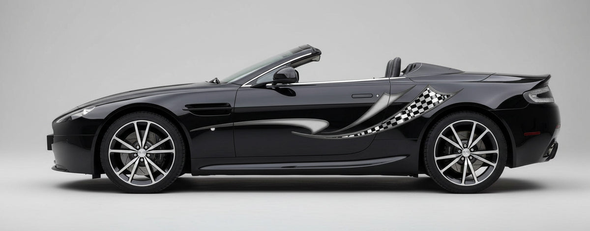 black convertible sports car with silver checkers racing stripe decal on driver side