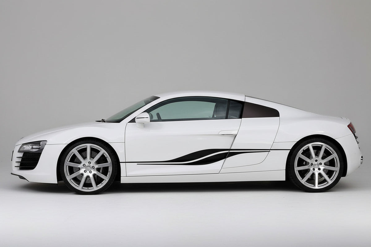 black vinyl decal stripe on sports car driver side