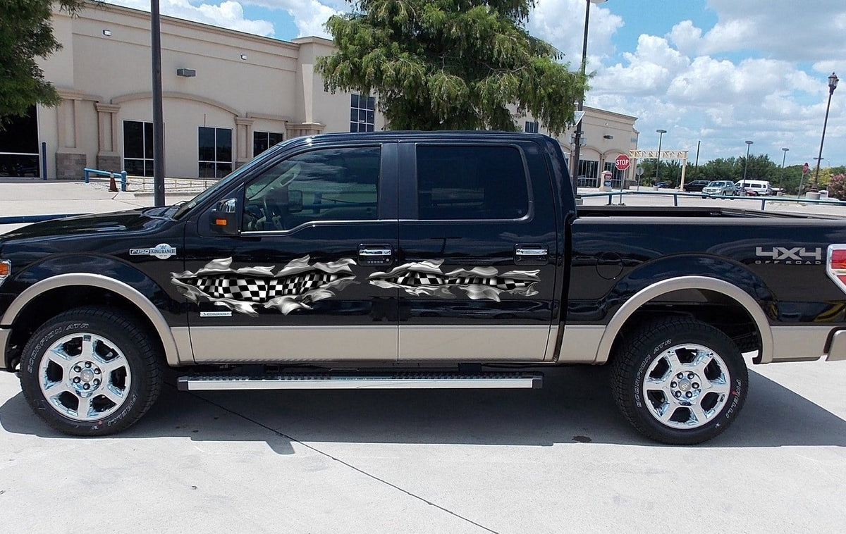 blue f150 pickup with checkers rip vinyl decals on drivers cab side