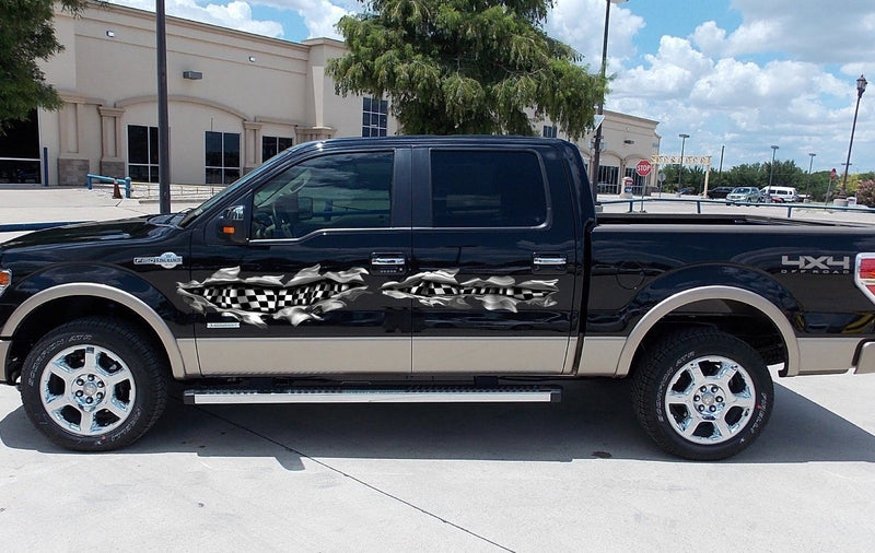 blue f150 pickup with checkers rip vinyl decals on drivers cab side