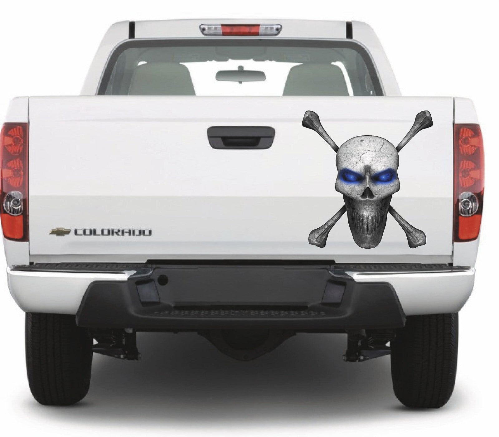 grey skull and bones vinyl decal on white truck bed