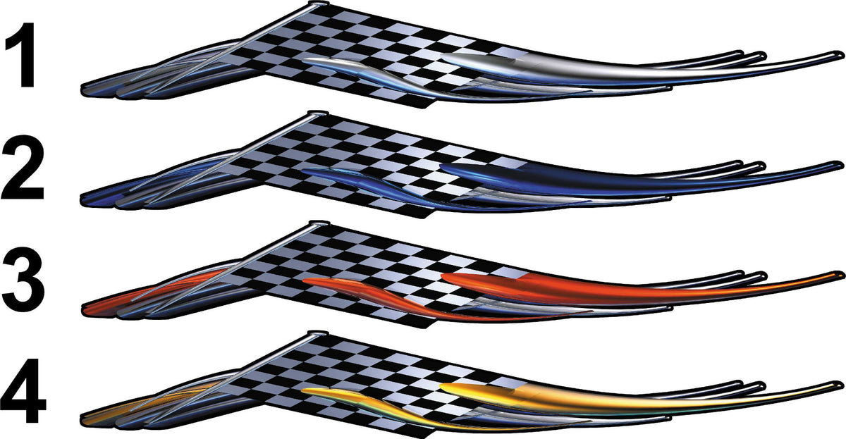 Checkered Flag Wing vinyl decal styles 1–4 with silver, blue, red, and gold racing wing accents