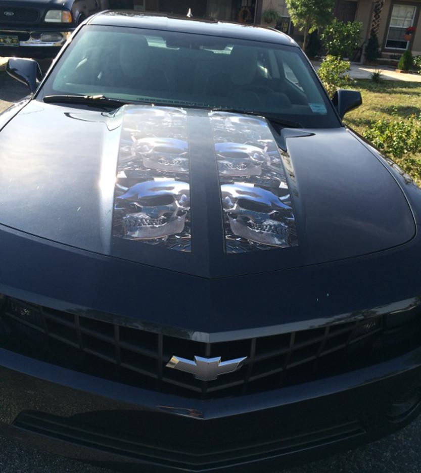 chrome skulls rally stripes decals on camaro hood 2010