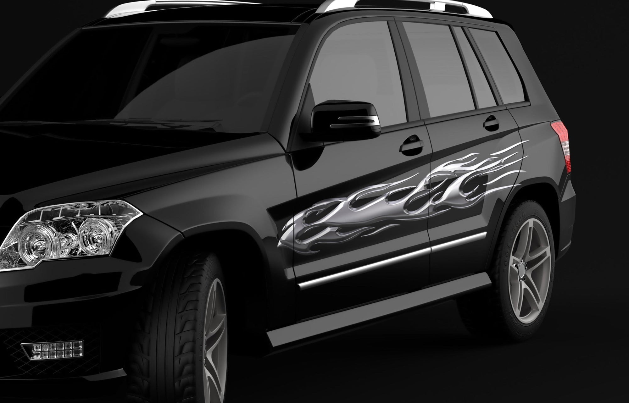 chrome flames side decals on black Suv 