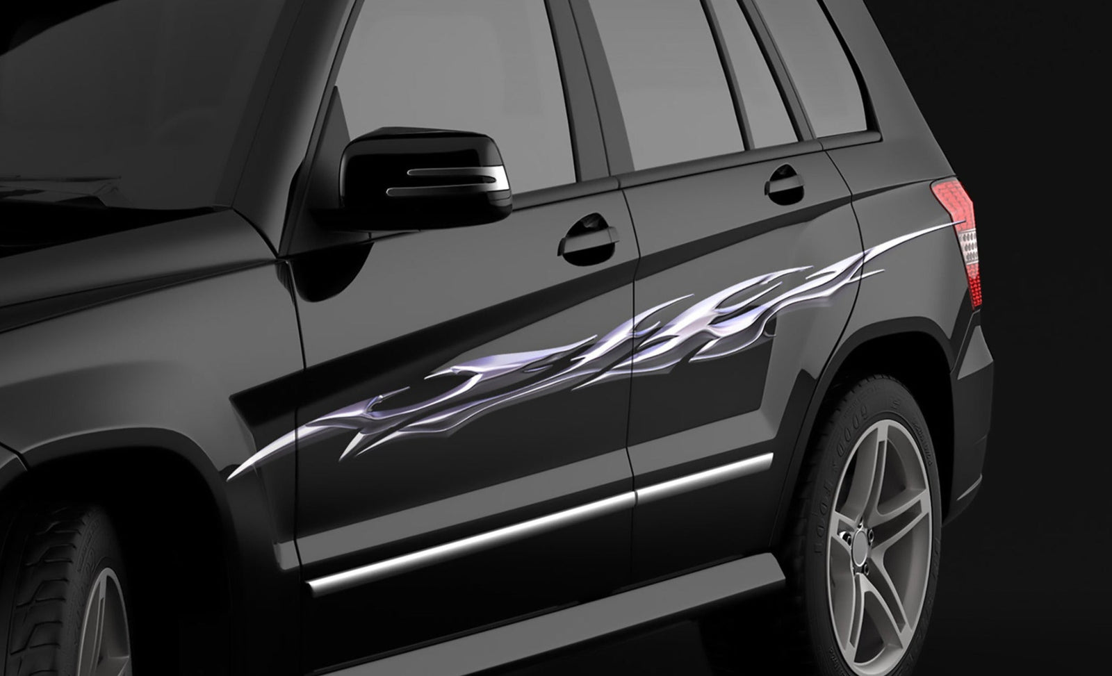 chrome flames vinyl graphics on the side of black suv