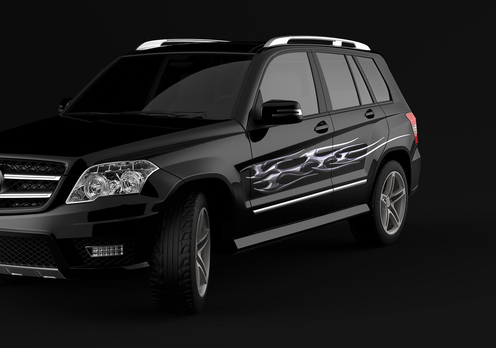 chrome flames vinyl decal on the side of mercedez suv black