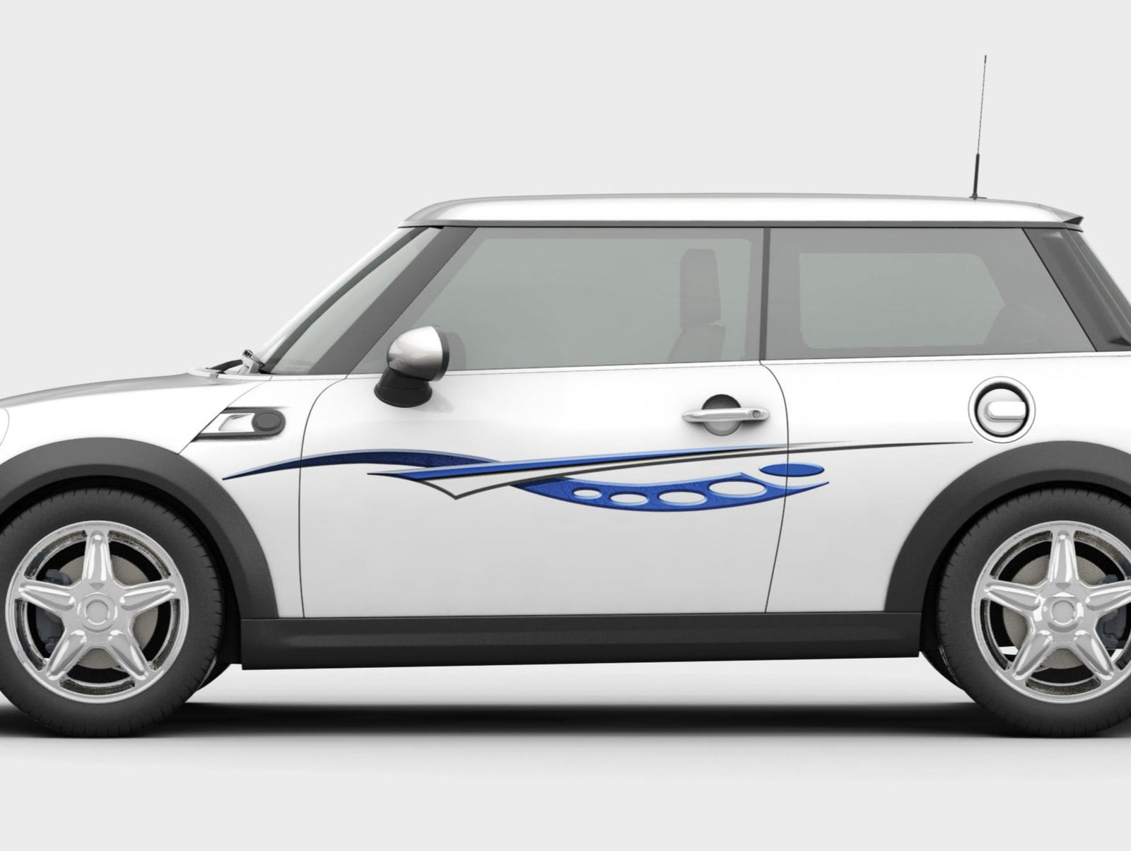 White pickup truck with cosmos blue stripe graphics on the side 