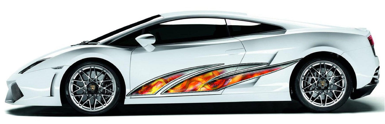 fire dragon wave vinyl graphics on the side of yellow mustang car