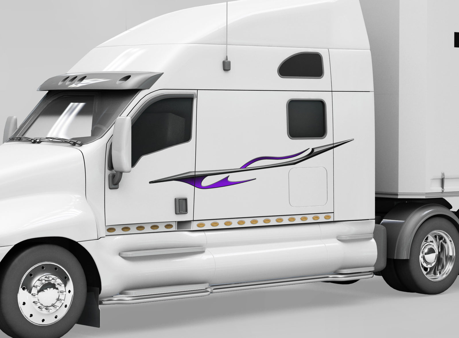 white semi trailer truck with dragon flame vinyl graphics on the driver side