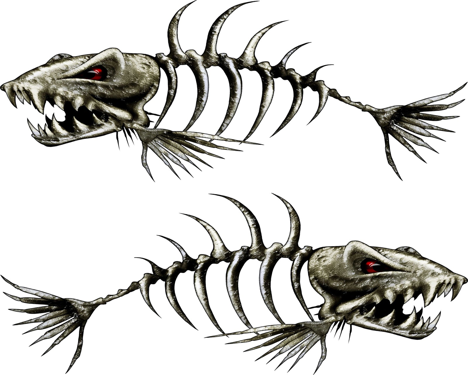 Monster fish bone decals on the side of white boat