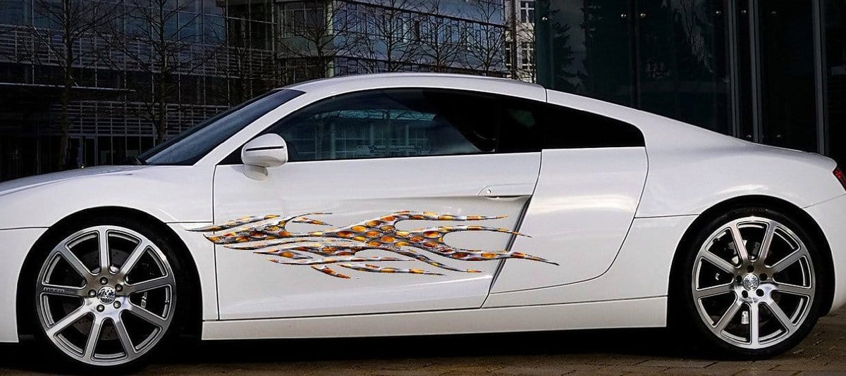 flaming metal decals on audi white car