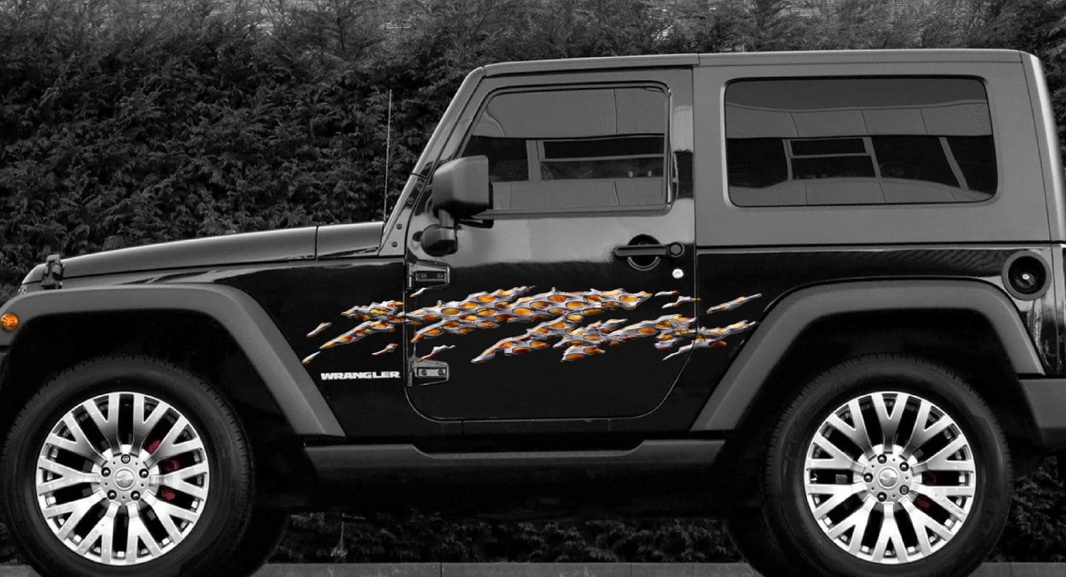 flaming splash decals on black wrangler jeep