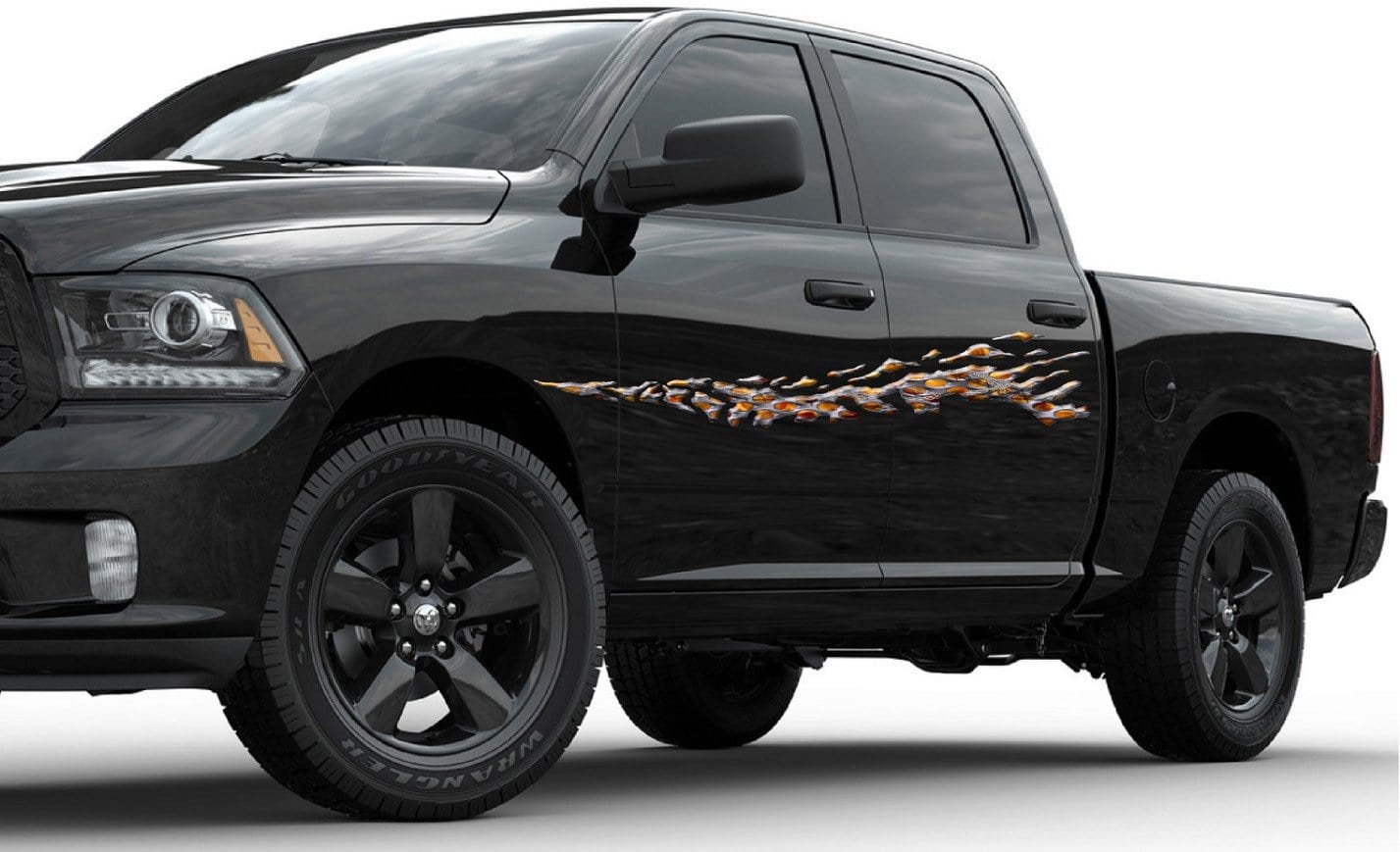 flaming metal decal on ram truck