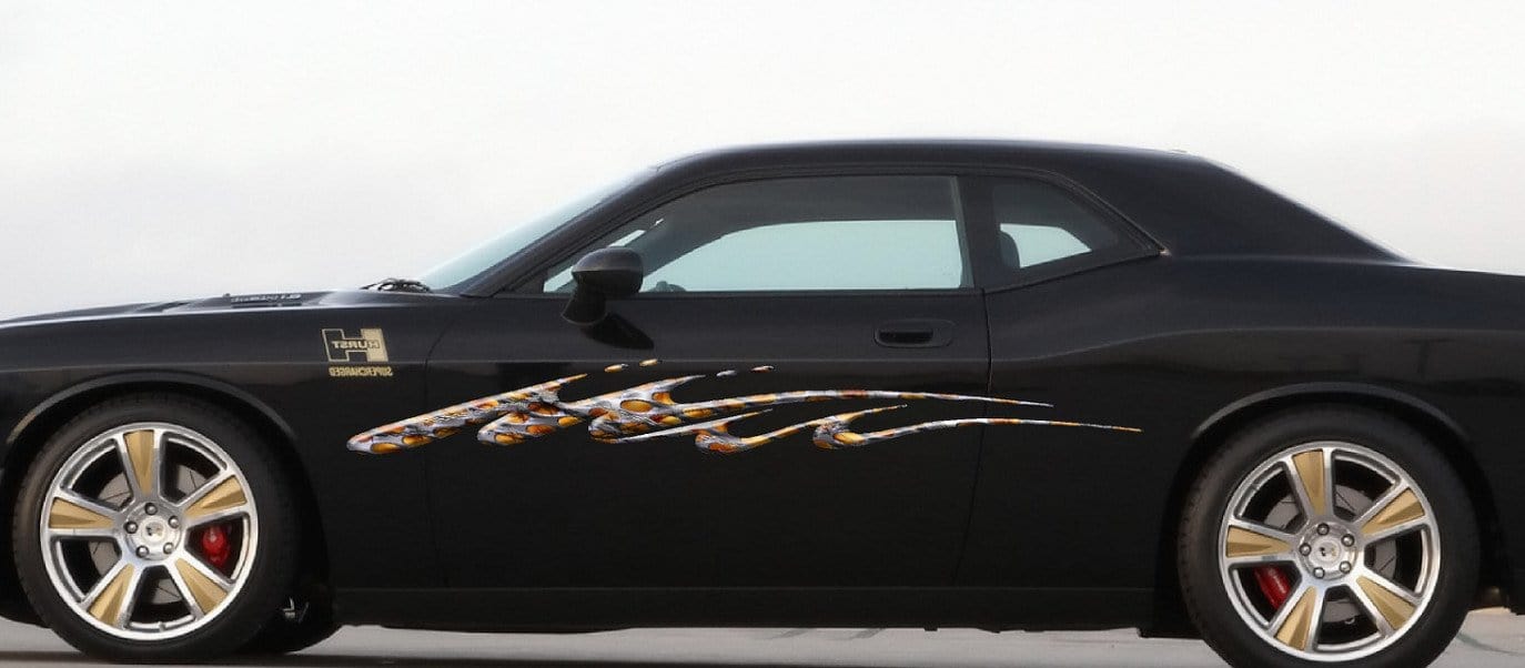 flaming metal graphic stripe on white truck 