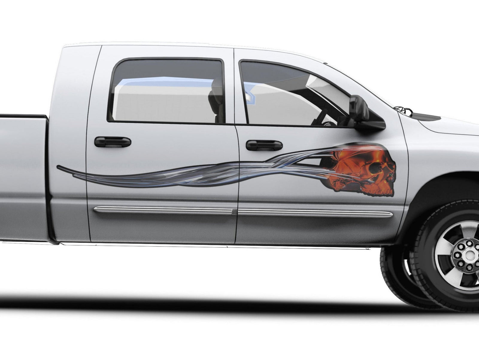 flying red skull vinyl graphics on white pickup truck