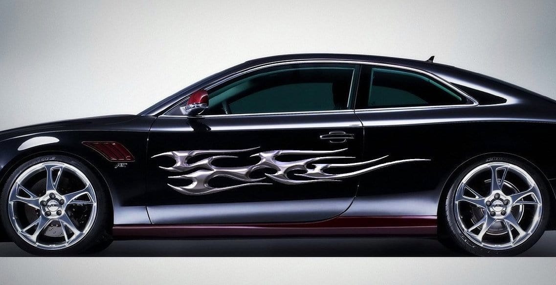 chrome flames vinyl decal on the side of mercedez suv black
