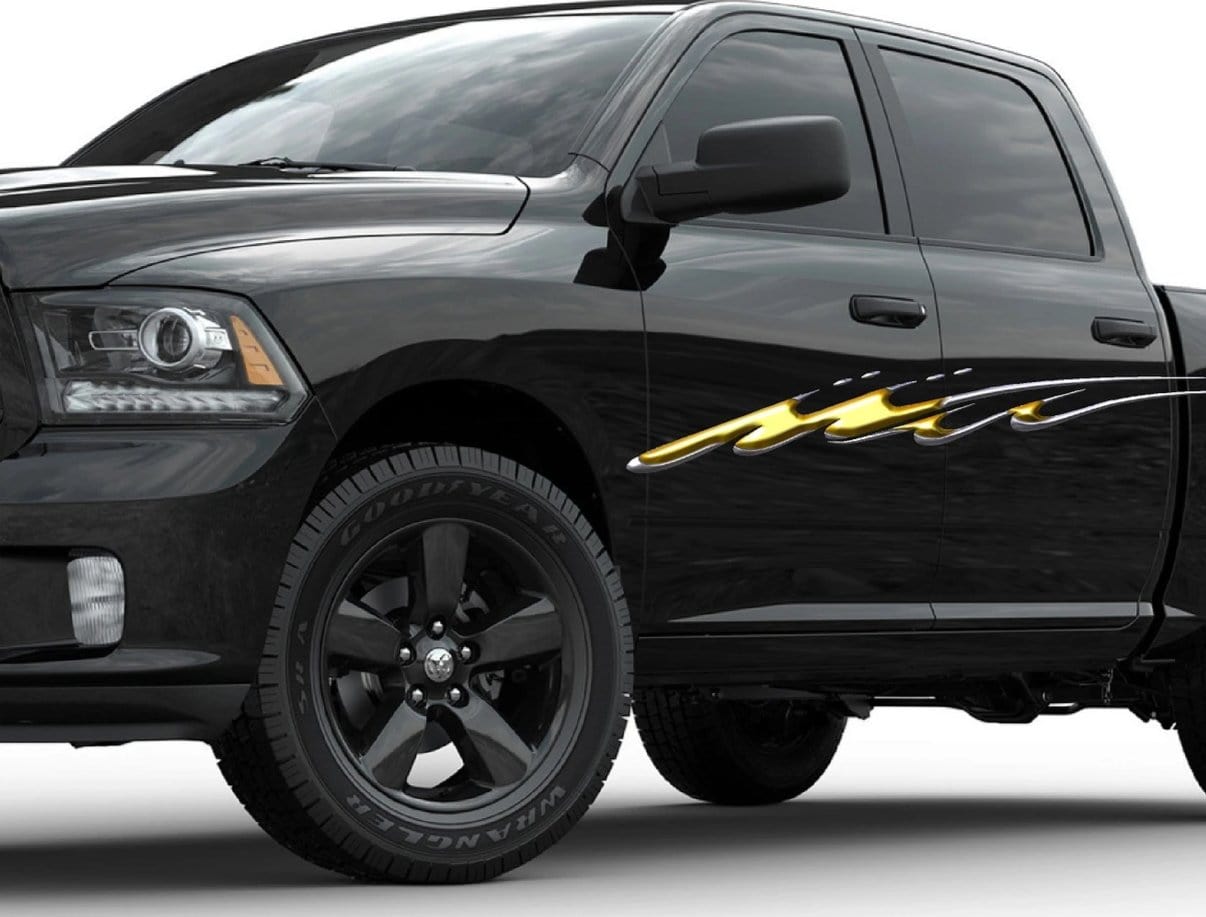 gold vinyl 3d Stripe decal on black dodge ram truck
