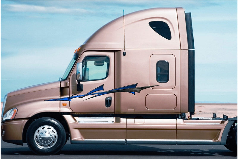 gold big rig 18 wheeler truck with blue bora stripes on its side