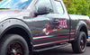 gray 150 pickup truck with american flag bald eagle vinyl graphics on driver side, front side view.