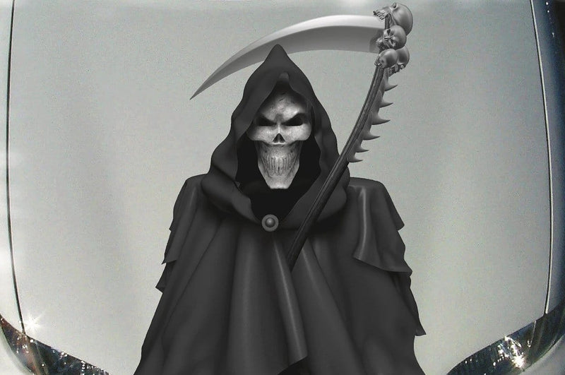 grim reaper vinyl graphics on car hood