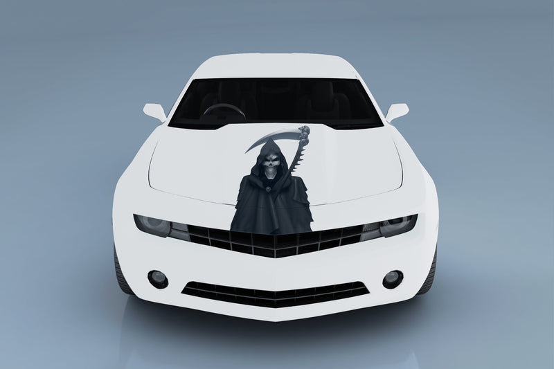 grim reaper decal on white camaro hood