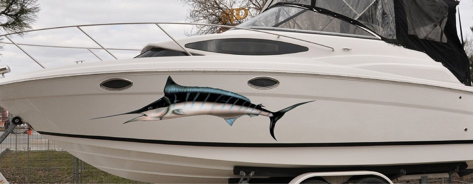 swordfish marlin airbrush style graphic decal on the side of a boat