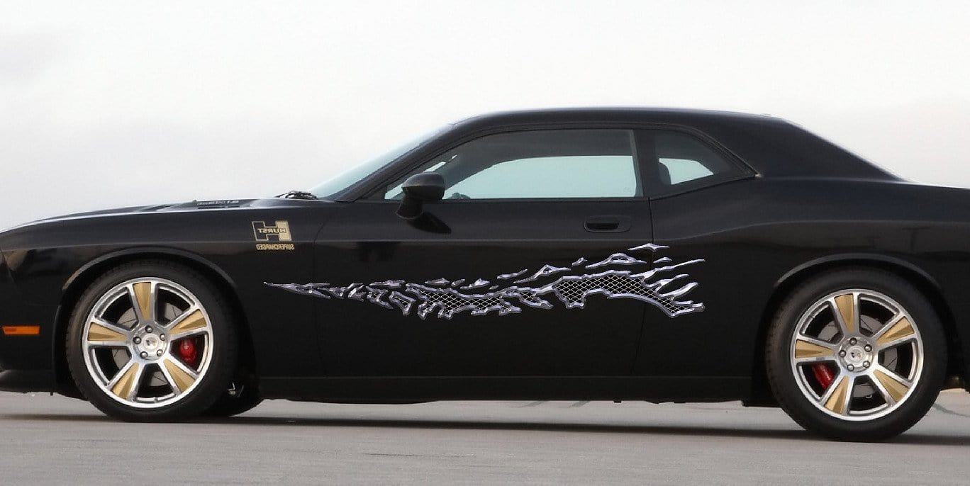 metal style splash decal on blue pickup