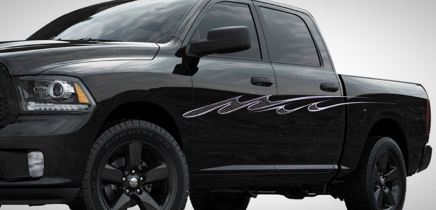 metal style vinyl decal stripe on black dodge ram truck