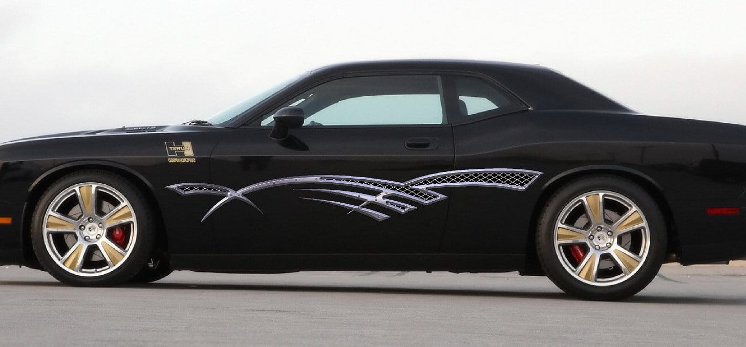 metal style vinyl graphic stripes on the side of black suv