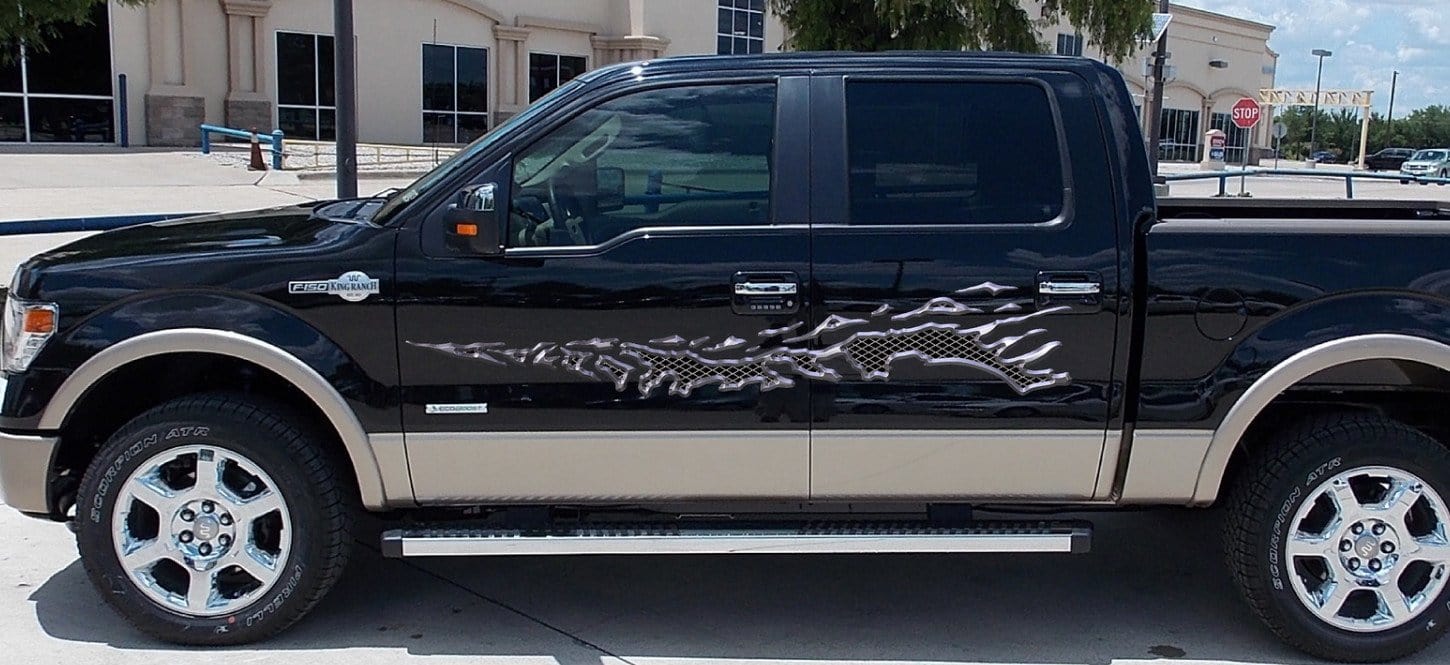 metal style splash decal on blue pickup