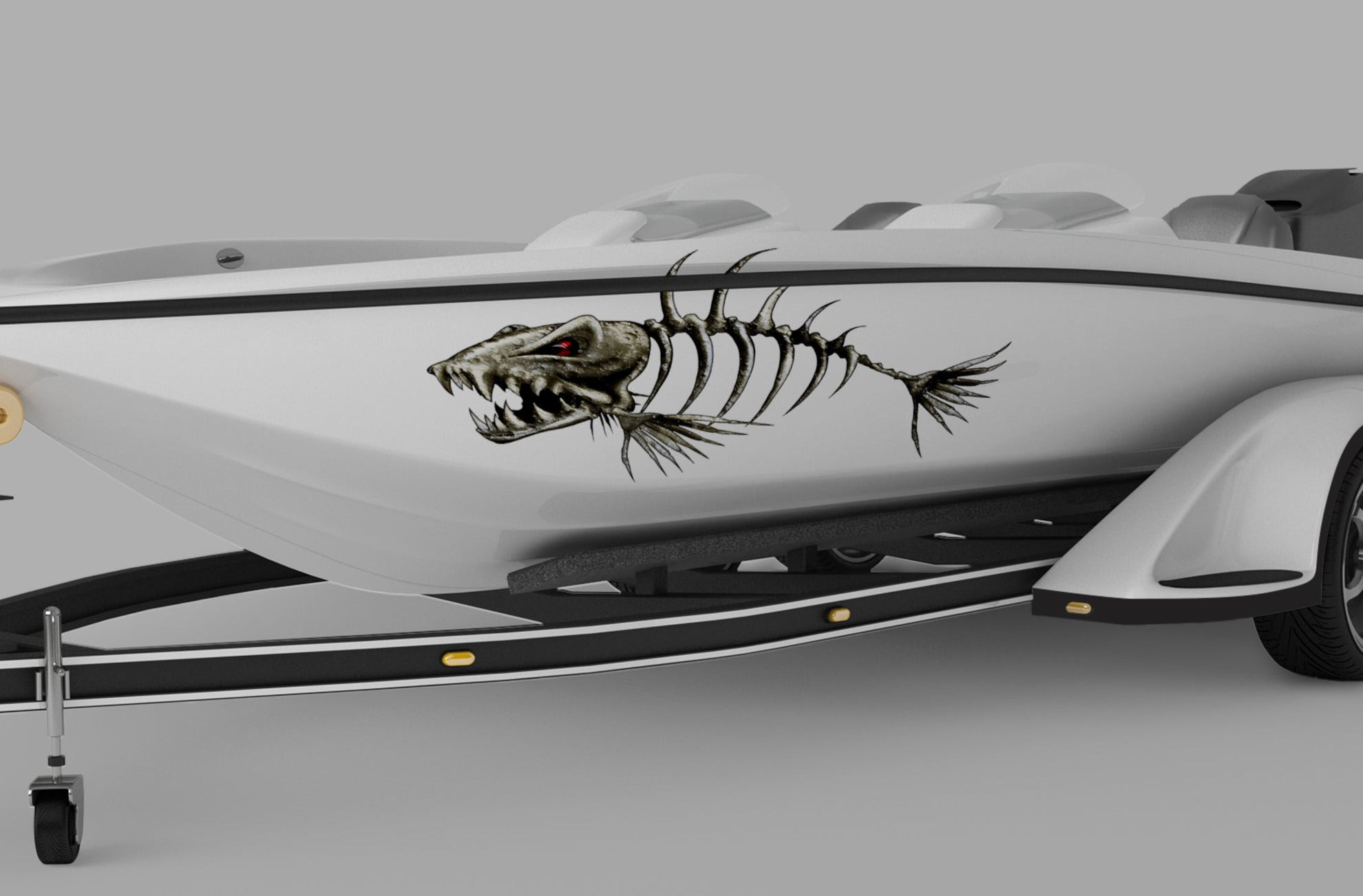 Monster bone fish decal on the side of white boat