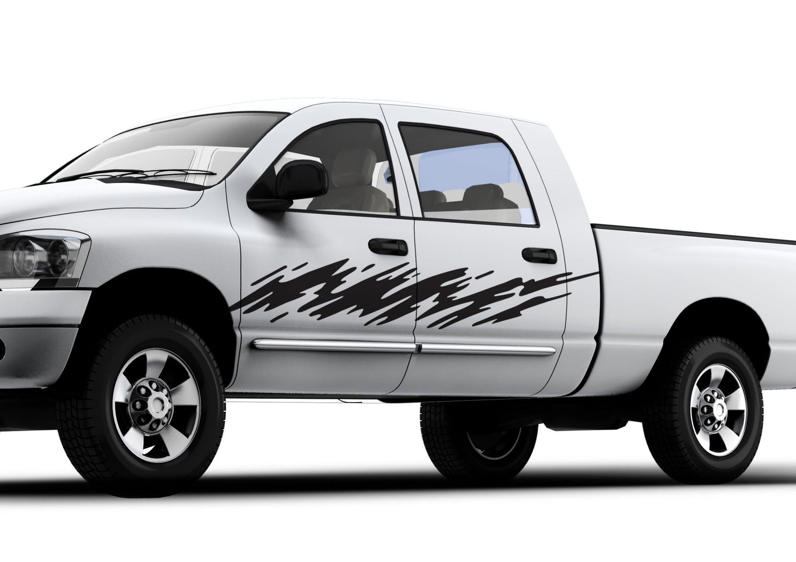 mud splash black decal on the bed of white pickup truck side view