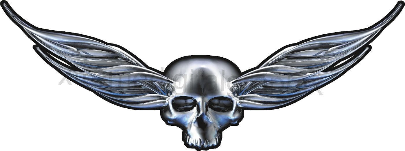 chrome winged skull decal on car hood