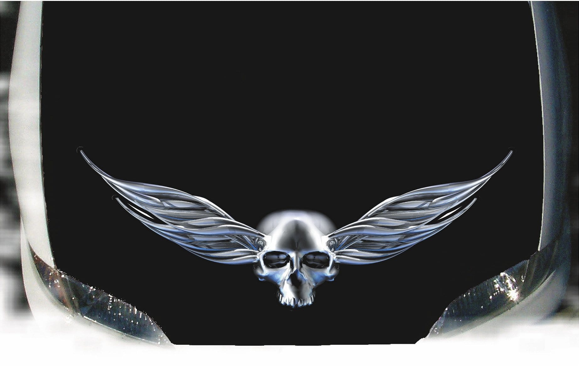 chrome winged skull decal on car hood